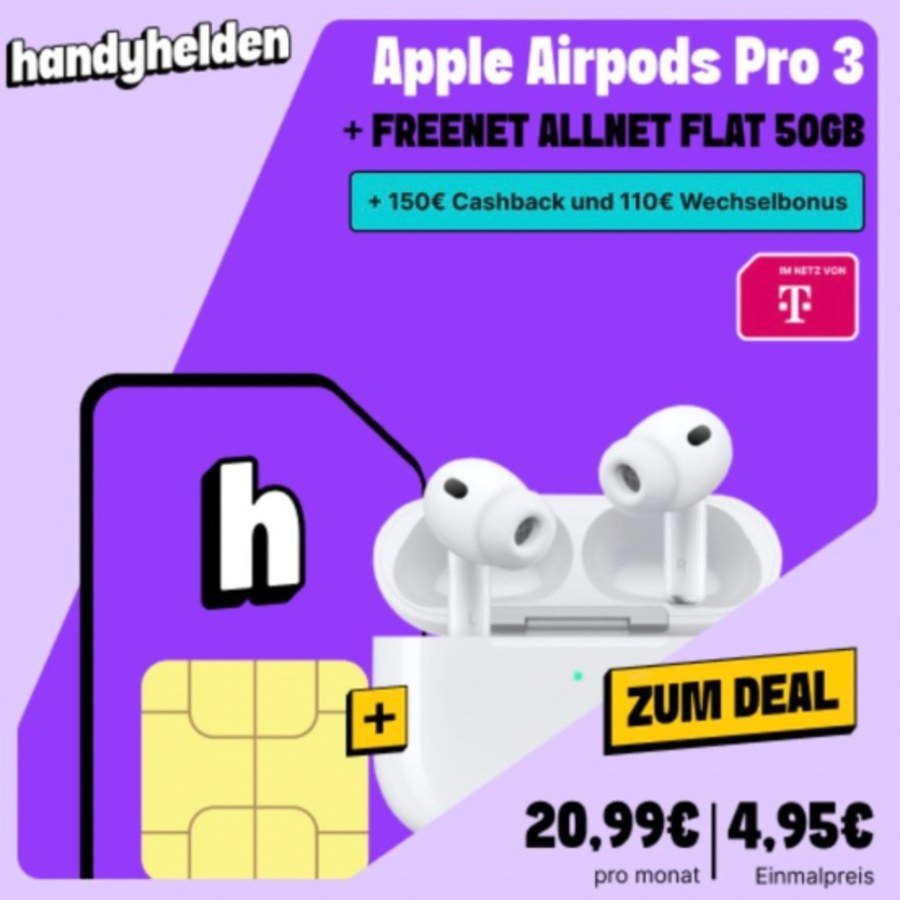 Apple AirPods Pro 3 + freenet Telekom Allnet Flat mit 50 GB (bis zu 260€ Bonus) – Deal auf dealbunny.ch