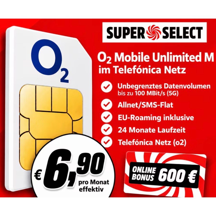 o2 Mobile Unlimited M 5G mit unbegr. Daten 100 Mbit/s für eff. 6,90€ mtl + 600€ Cashback – Deal auf dealbunny.ch