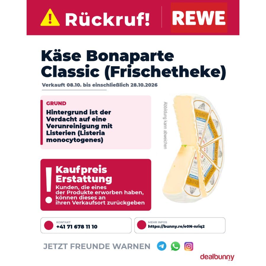 Rückruf bei REWE: Weichkäse Bonaparte Classic wegen Listerien-Verdacht – Deal auf dealbunny.ch